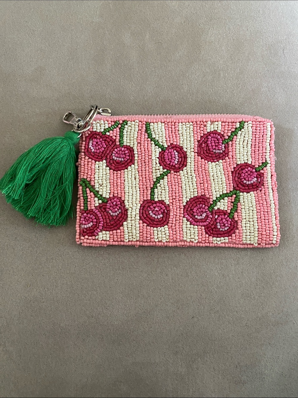 Sol & Mer Beaded Cherry Card Case with Green Tassel. NWOT